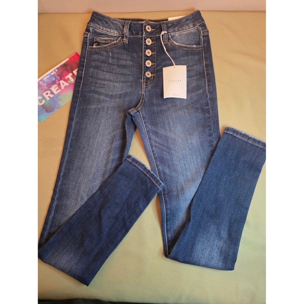 NWT KanCan Women's Dark Wash High-Rise Button-Fly Skinny Jeans 1/24